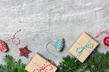 Christmas composition on gray stone table