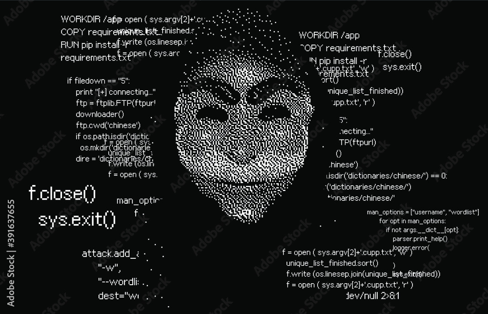 Poster Computer hacker in hoodie and mask. Human head with pixelated face. Data thief, internet fraud, anonymous vector concept.