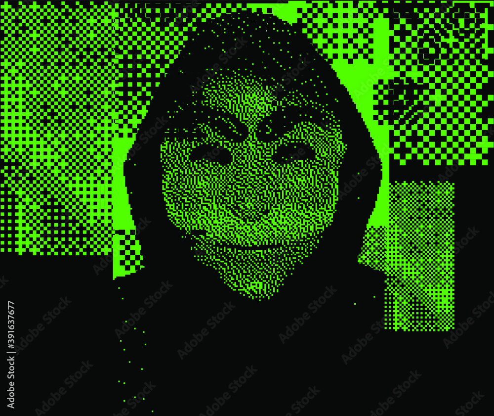 Aufkleber computer hacker in hoodie and mask. human head with pixelated face. data thief, internet fraud, anon