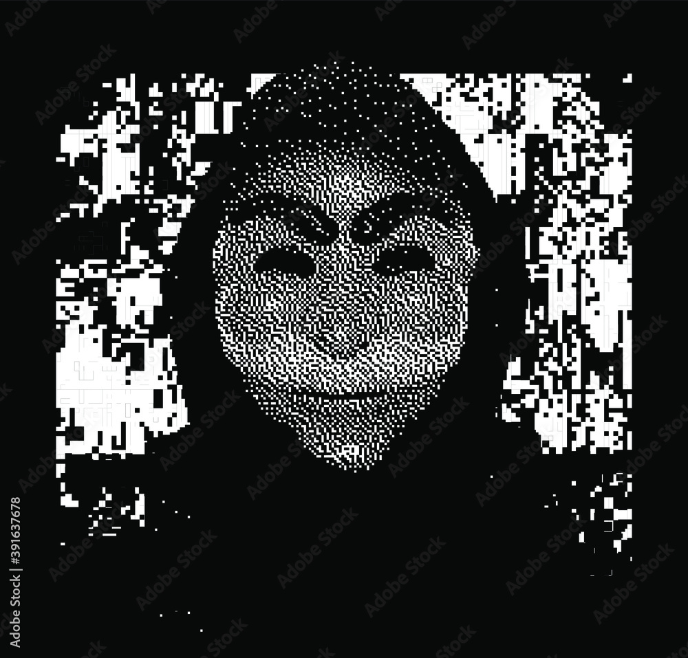 Aufkleber Computer hacker in hoodie and mask. Human head with pixelated face. Data thief, internet fraud, anonymous vector concept.
