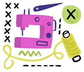 Vector illustration sewing, tailoring, clothing repair, Atelier. Abstract skein of thread, sewing machine, needle, button, stitch. It can be used as separate elements in composition.