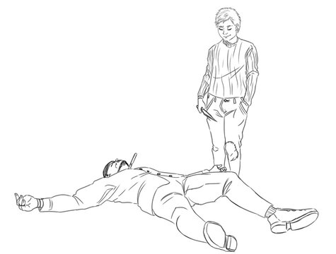 Black and white digital illustration of an adolescent boy that killed an adult man with a knife