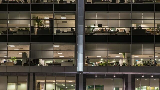 A small number of office workers who need to be present at the workplace and are not able to work remotely, time lapse