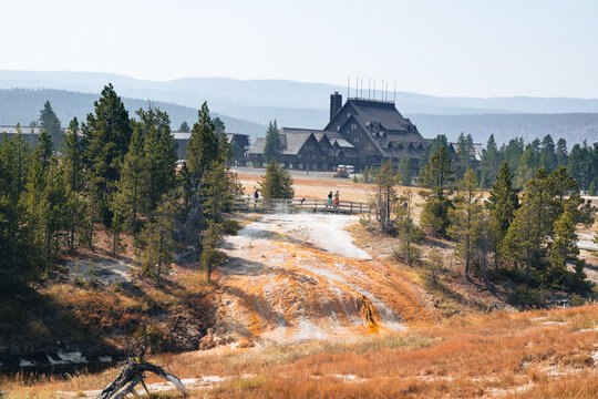 View of the Old Faithful lodge, an historical building in Yellowstone National Park