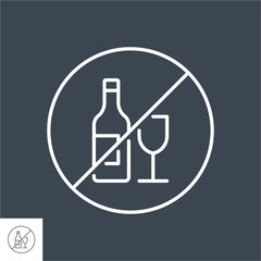 No alcohol sign related vector thin line icon. Bottle of wine and a glass in prohibitory sign. Isolated on black background. Editable stroke. Vector illustration.