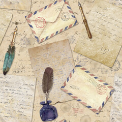Seamless pattern in vintage style with hand written letters, post stamps, envelopes, fountain pens, feathers.
