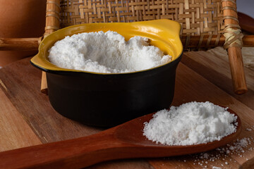 Tapioca flour (Farinha de tapioca). Flour made from cassava starch. Manioc. Typical Brazilian indigenous food. Perspective.