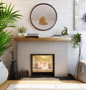 3d render. The fireplace is lined with hexagonal tiles in the interior. 3d render