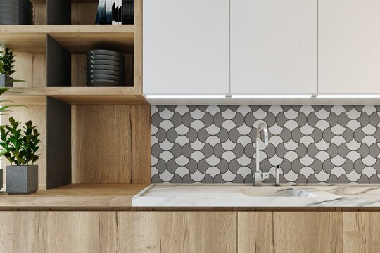 Kitchen Interior With Mosaic Backsplash. 3d Rendering.