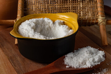 Tapioca flour (Farinha de tapioca). Flour made from cassava starch. Manioc. Typical Brazilian indigenous food. Perspective.