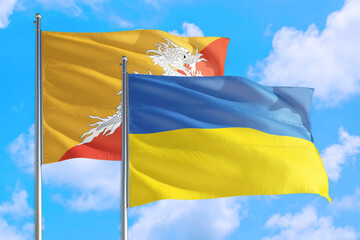 Ukraine and Bhutan national flag waving in the windy deep blue sky. Diplomacy and international relations concept.