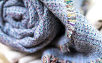 knitting cashmere wool yarn, closeup blue blanket, home decor, Blue tabby cashmere blanket rolled up