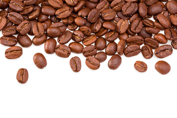 roasted coffee beans isolated on white background. Clipping path and full depth of field. Top view