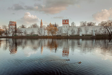 Novodevichy Convent monastery, view from a pond. Moscow, Russia