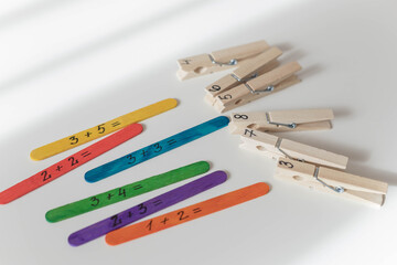 Homemade didactic materials for studying mathematics for preschoolers. Home education concept.
