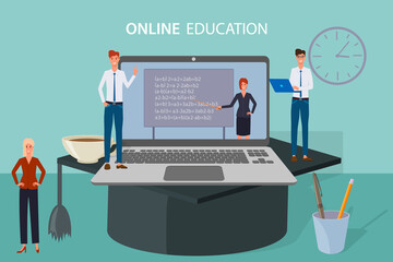 Online education, e-learning.The teacher conducts the lesson on a laptop screen on an academic cap.Home schooling, distance learning, and passing exams.Online courses and advanced training.