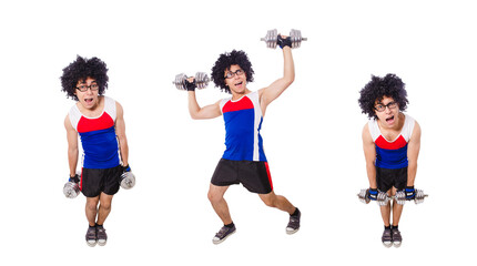 Fototapeta premium Funny man exercising with dumbbells