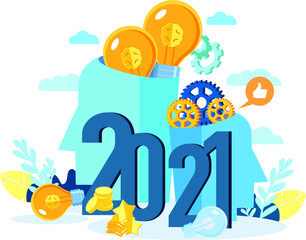 Business illustration 2021. Heads full of new ideas. Abstract heads with ideas and gears. The generation of ideas.