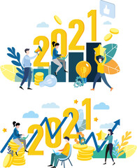 Business illustration 2021, path to success in the new year, career growth, goal achievable, growth schedule.