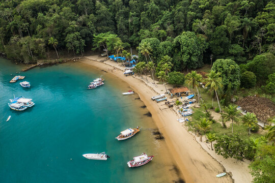 Aerial View Of Boats Along Tropical Island Beachfront In Paraty, Rio De Janeiro