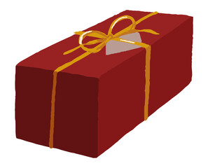 Red gift box with ribbon and tag. Hand drawn vector single illustration. Colorful simple flat element isolated on white. Object for design, print, decor, card, sticker, banner, wrap, advertising.