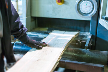 worker pushing plank into precise laser guidance cutting machine
