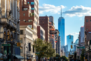 View of the historic buildings along 6th Avenue towards downtown Manhattan in New York City