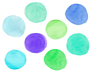 Watercolor green and blue circles. Speech bubbles. Abstract watercolor circle background.