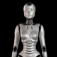 3d render of a very detailed robot woman or futuristic girl, front view of the upper body isolated on black background