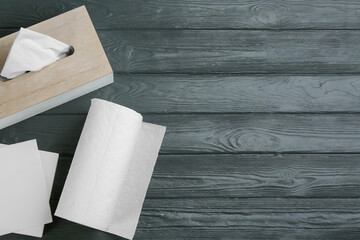 Clean napkins, box with tissues and roll of paper towels on grey wooden table, flat lay. Space for text
