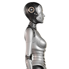 3d render of a very detailed robot woman or futuristic girl, side view of the upper body isolated on white background