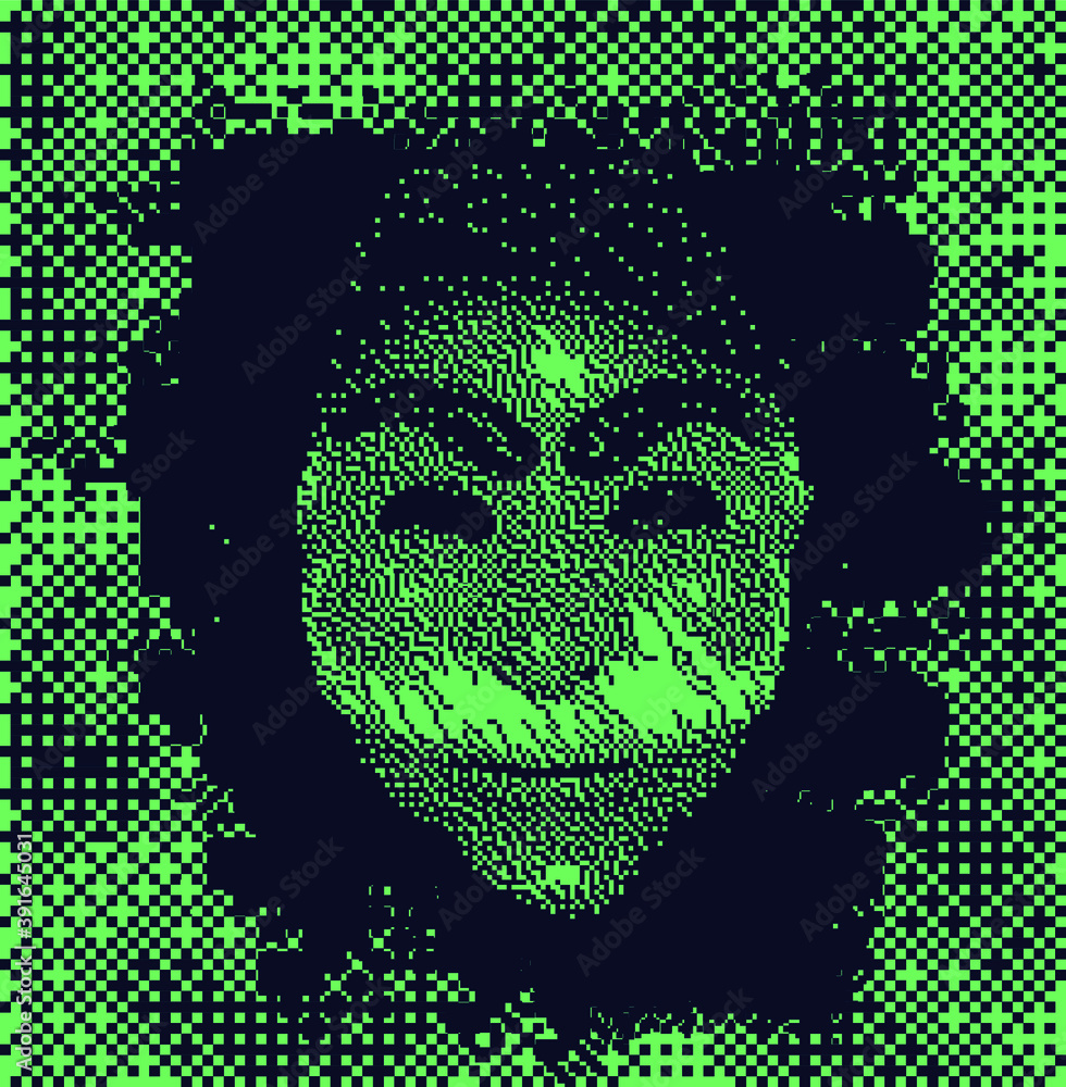 Poster Portrait of computer hacker in hoodie and mask. Human head with pixelated face. Data thief, internet fraud, dark anonymous vector . Privacy concept. Personal data security illustration
