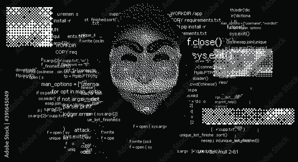 Poster Portrait of computer hacker in hoodie and mask. Human head with pixelated face. Data thief, internet fraud, dark anonymous vector . Privacy concept. Personal data security illustration