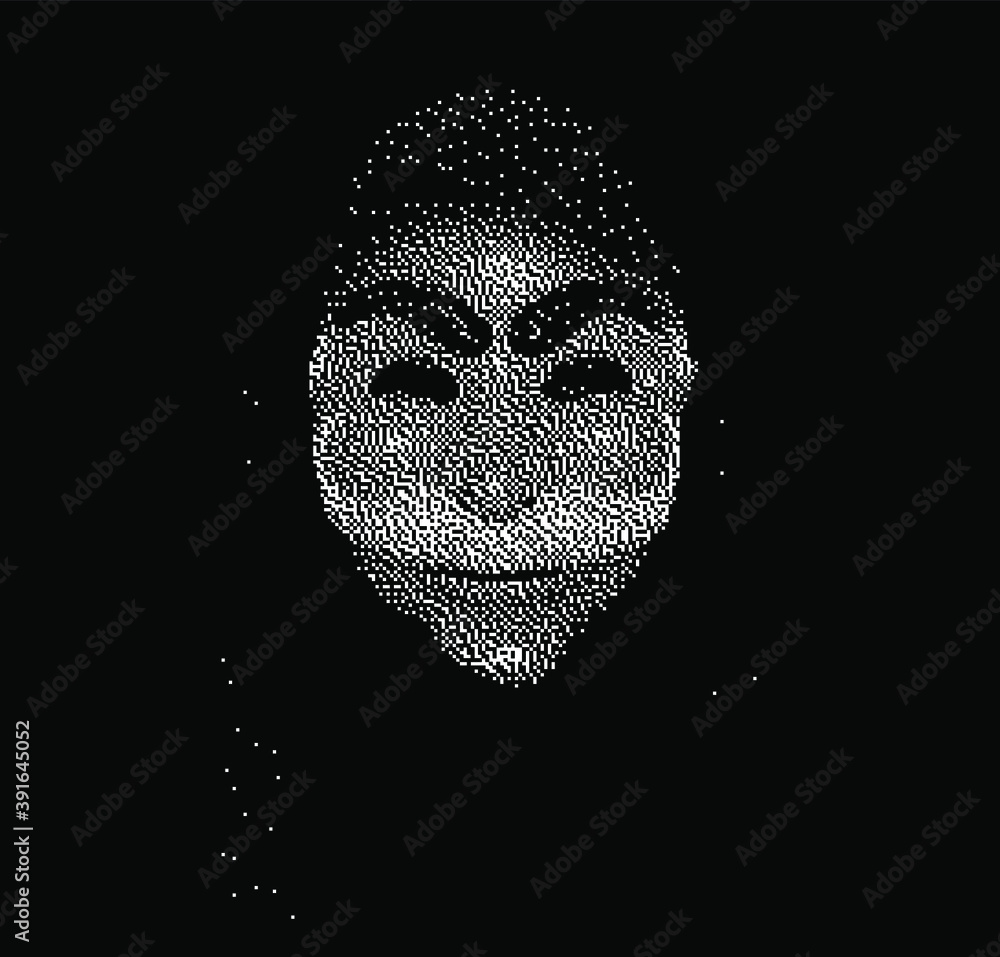 Poster Portrait of computer hacker in hoodie and mask. Human head with pixelated face. Data thief, internet fraud, dark anonymous vector . Privacy concept. Personal data security illustration