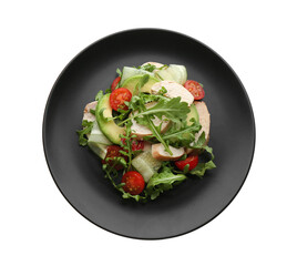 Delicious salad with chicken, vegetables and arugula on white background, top view