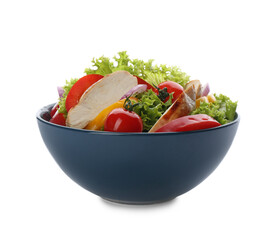 Delicious salad with chicken and vegetables in bowl isolated on white