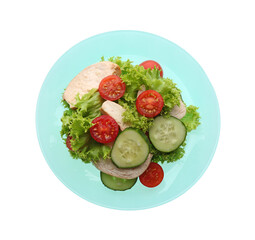 Delicious salad with chicken and vegetables isolated on white, top view