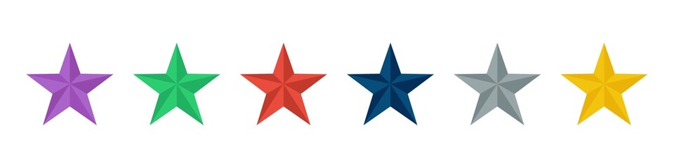 Colorful star. Set of 3D stars diferents color on white background. Vector icon . Collection of 6 three-dimensional stars.