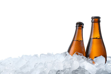 Bottles of beer on ice cubes against white background