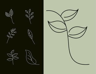 leaves line style, leaf natural branch set icons