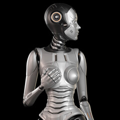 3d render of a very detailed robot woman or futuristic girl looking right while holding one hand on her chest, front view of the upper body isolated on black background