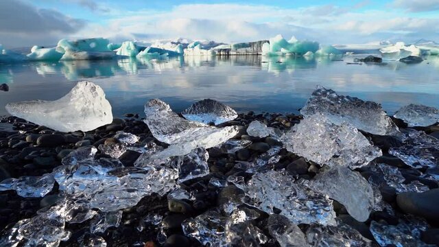 Global climate change, nature is declining. Glacier lagoon Jokulsarlon in Iceland close up detail high quality slow motion video. Climate change theme reflecting glaciers melting. Tourism in Iceland