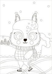 A cute little black and white squirrel ice skating in the forest. Rectangular cartoon Christmas coloring page. Outline illustration for kids. A4. Vector.