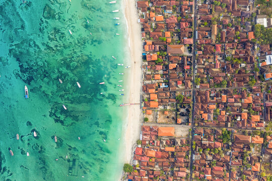 Aerial view of village on Lembongan Island in Indonesia.