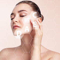 Young woman face in honeycombs with graphic icons of vitamins and minerals for skin health.