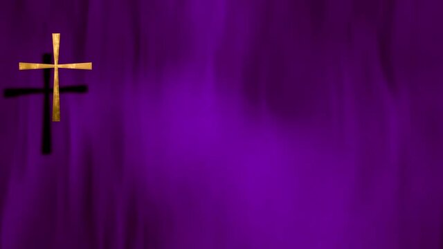 Waving satin with golden Christian Cross on liturgic violet purple copy space loop. 3D animation for online worship church sermon in Advent and Lent. Concept symbolizing penance sacrifice mourning.