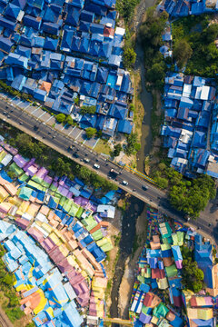 Aerial view of  colour slum of Kampung Warna Warni, Java, Indonesia.