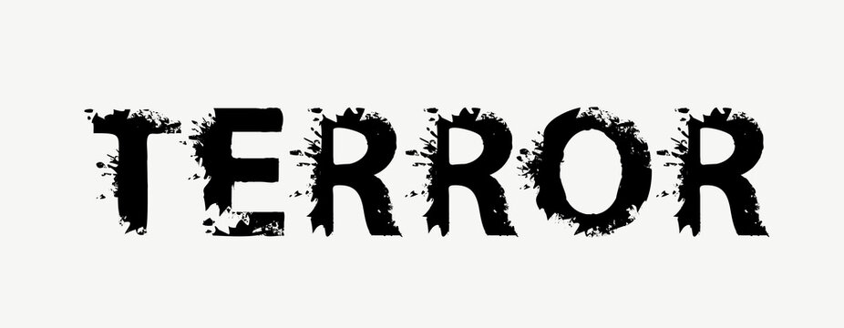 TERROR lettering with black scary letters on a light background. Vector illustration in the form of an abstract ominous inscription with blots, splashes and spots in the grunge style