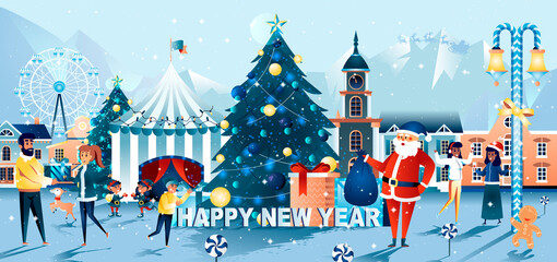 Merry Christmas and Happy New Year flat greeting card. Circus tent, decorated christmas tree, celebrating people and Santa Claus on town square. Xmas party banner, amusement park vector illustration.