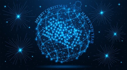 Christmas ball and fireworks. Happy New year 2021 and merry Christmas. Bright low poly design of interlocking lines and dots